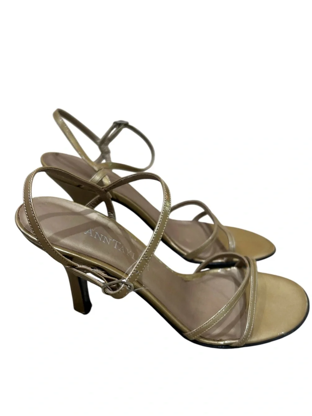 Ann Taylor Metallic brushed Gold leather Strappy Heeled Sandals Italy size 6.5